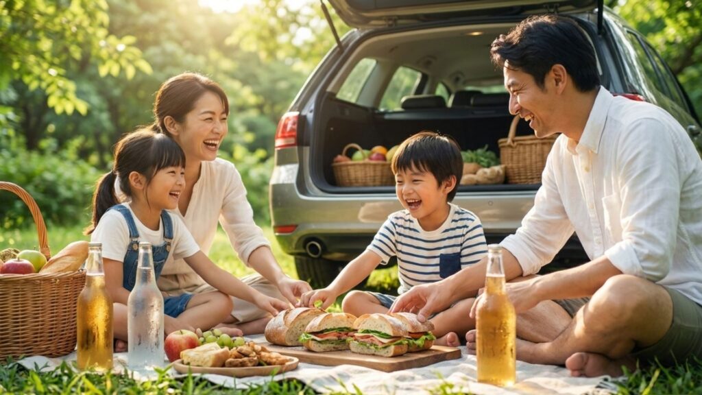 車のそばでサンドイッチや飲み物を囲んで食事を楽しむ家族