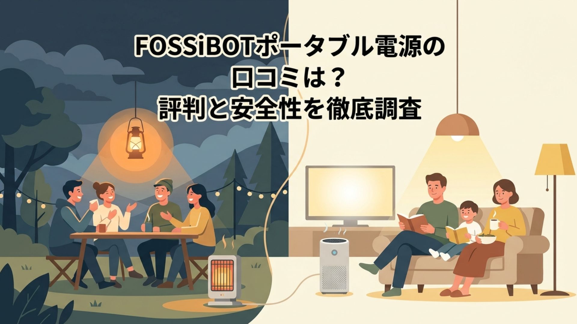 キャンプと家庭で電気を使う場面を左右に描いたFOSSiBOTポータブル電源の記事アイキャッチ