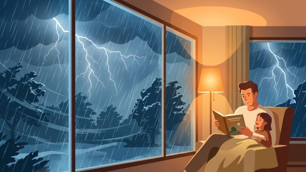 雷雨の夜、照明のある室内で親子が本を読みながら過ごしている場面