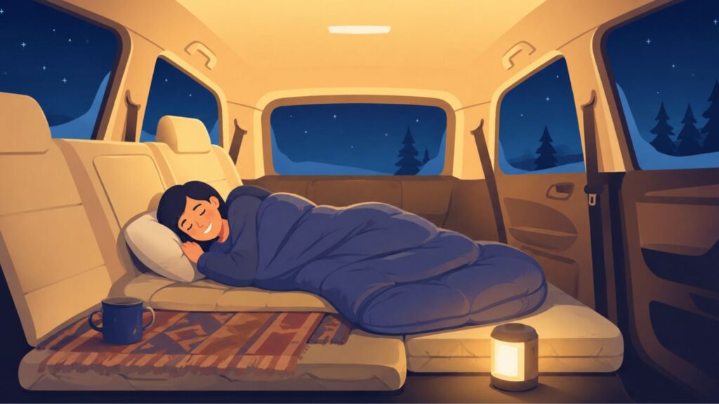 夜の車内で寝具を使って休む車中泊の場面