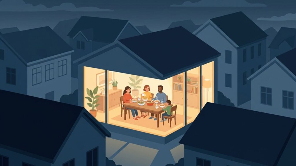 周囲が暗い夜に明かりのある室内で家族が食卓を囲んでいる停電対策の場面