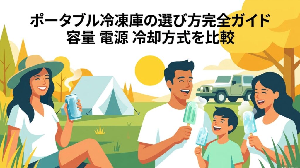 キャンプ場で冷たい飲み物やアイスを楽しむ家族と車、選び方のタイトルが表示された場面