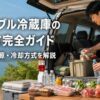 湖畔で車にキャンプ用品や食材を積み込む男性とポータブル冷蔵庫の選び方を伝える記事タイトル