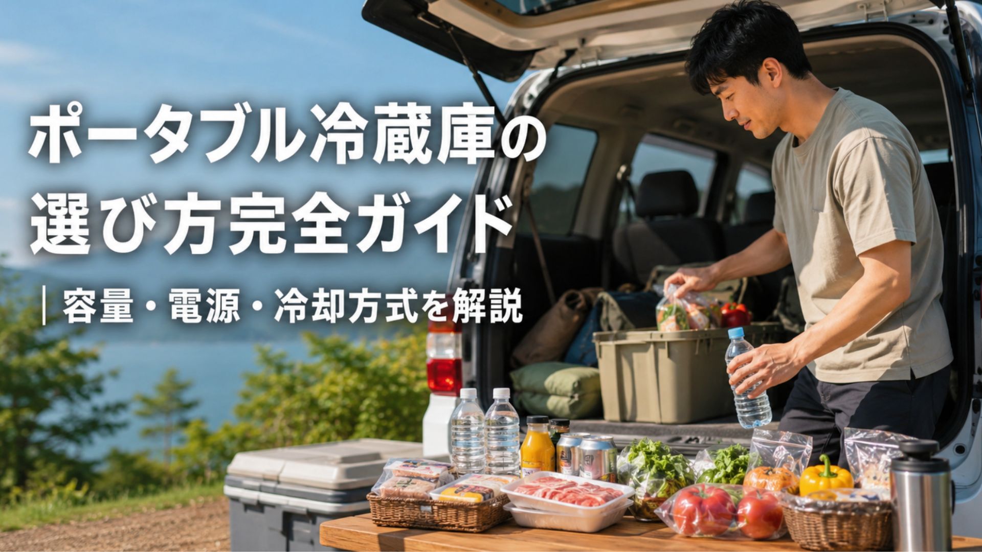 湖畔で車にキャンプ用品や食材を積み込む男性とポータブル冷蔵庫の選び方を伝える記事タイトル