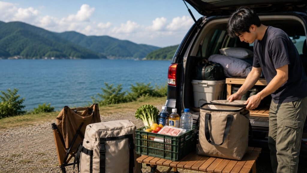 湖畔の車の荷室で食材や飲み物をバッグにまとめる男性