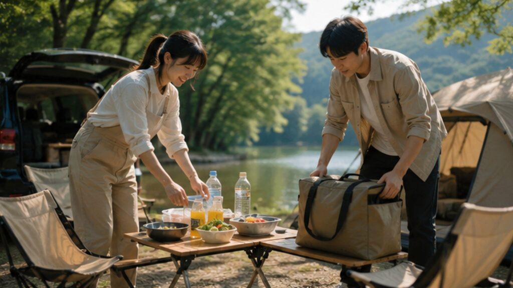 湖畔のキャンプ場で食材や飲み物をテーブルに並べ荷物を準備する男女