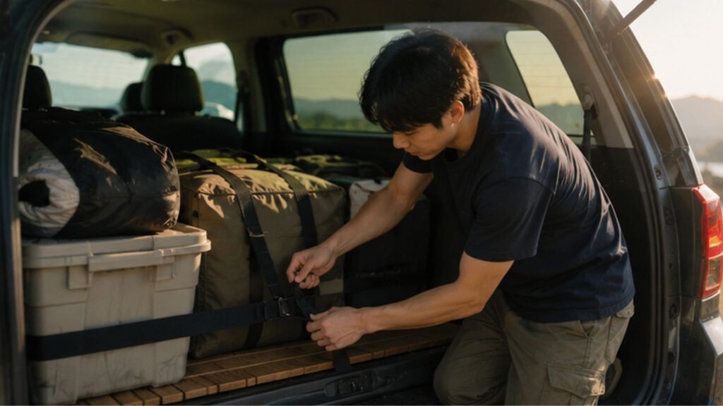 車の荷室で収納ボックスとキャンプバッグをベルトで固定する男性