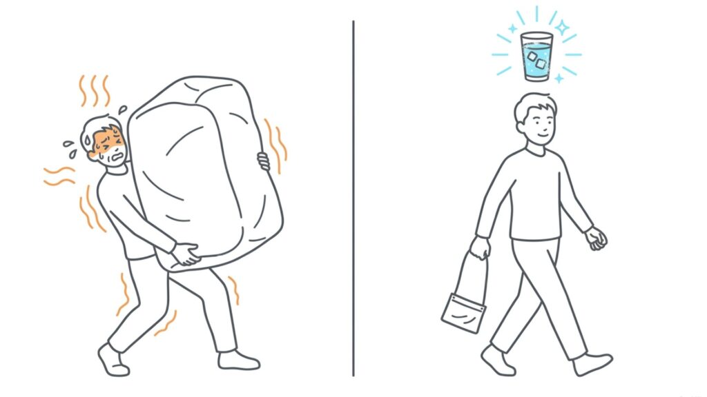 大きな荷物を抱えて苦労する人物と小さな荷物を持って歩く人物の対比