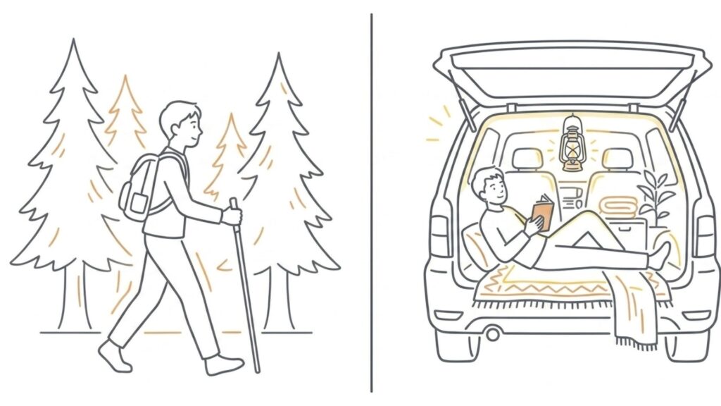 森を歩く人物と車内でくつろぐ人物を並べたアウトドア利用場面