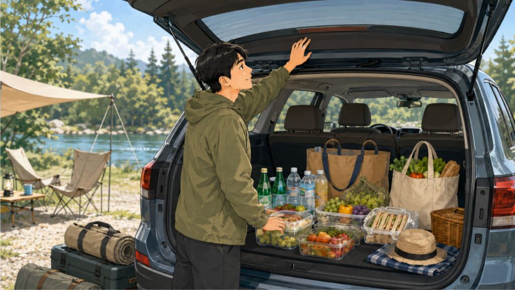 車内でポータブル冷蔵庫に飲料や食品を収納し、庫内の高さやふたを開けるスペースを確認しているイラスト