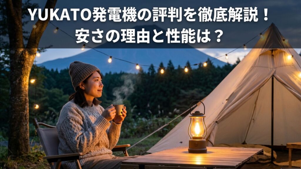 夕方のキャンプ場でランタンを灯し、テントの前で温かい飲み物を楽しむ女性