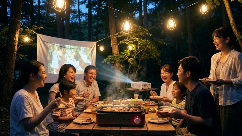 夜のキャンプ場で照明やプロジェクターを使いながら食事を楽しむ家族や友人