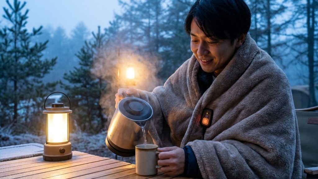 寒いキャンプ場でランタンを灯し、ケトルから温かい飲み物を注ぐ男性