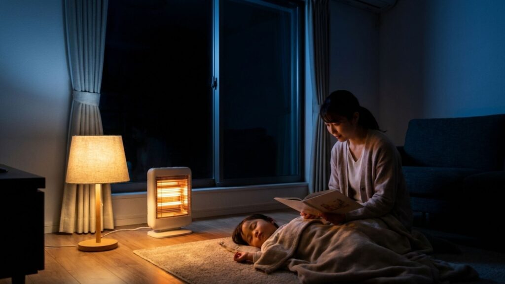 夜の暗い室内で照明と暖房器具を使いながら子どもを見守る女性