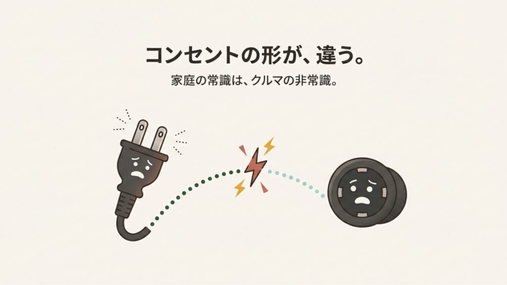 ニトリ冷蔵庫のコンセント形状と車載シガーソケットの不一致の図解