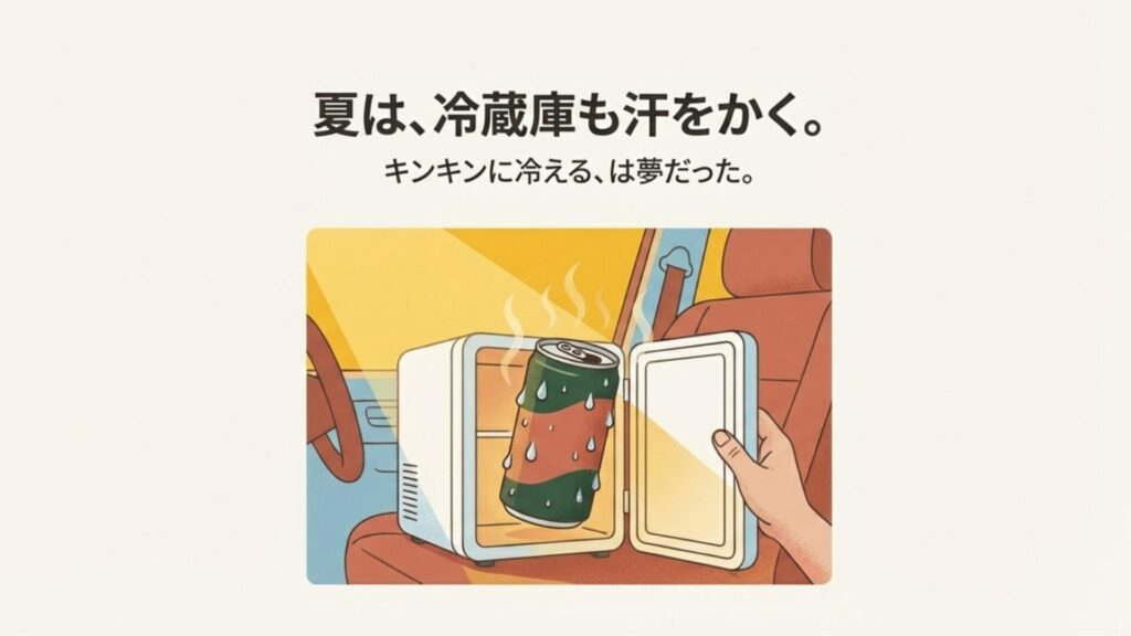 真夏の車内におけるペルチェ式冷蔵庫の冷却能力限界のイメージ