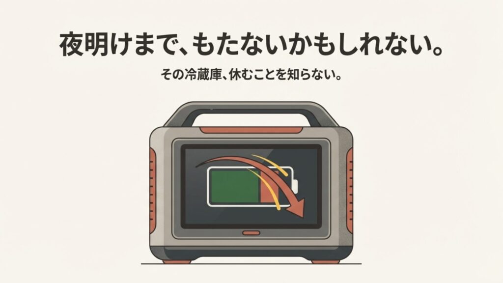 ペルチェ式冷蔵庫の常時稼働によるポータブル電源のバッテリー消費イメージ