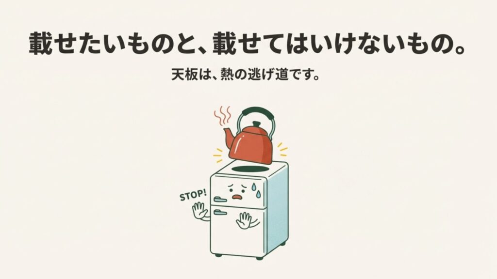ニトリ小型冷蔵庫の天板に物を置いてはいけない放熱上の注意喚起