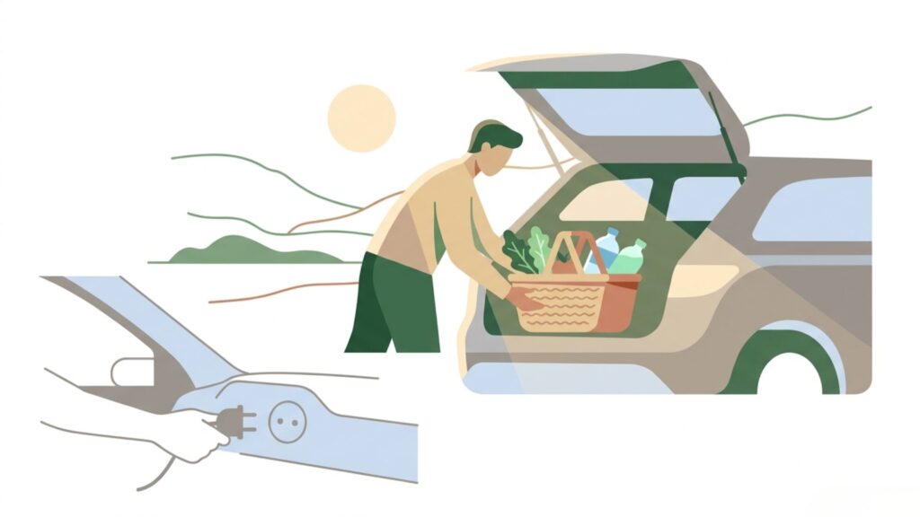 飲み物や食品を車の荷室へ積み込み、電源プラグを接続しようとする場面