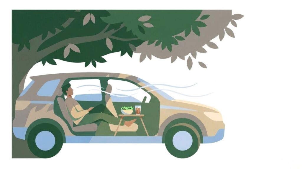 木陰に停めた車内で飲み物と食事を用意してくつろぐ人物