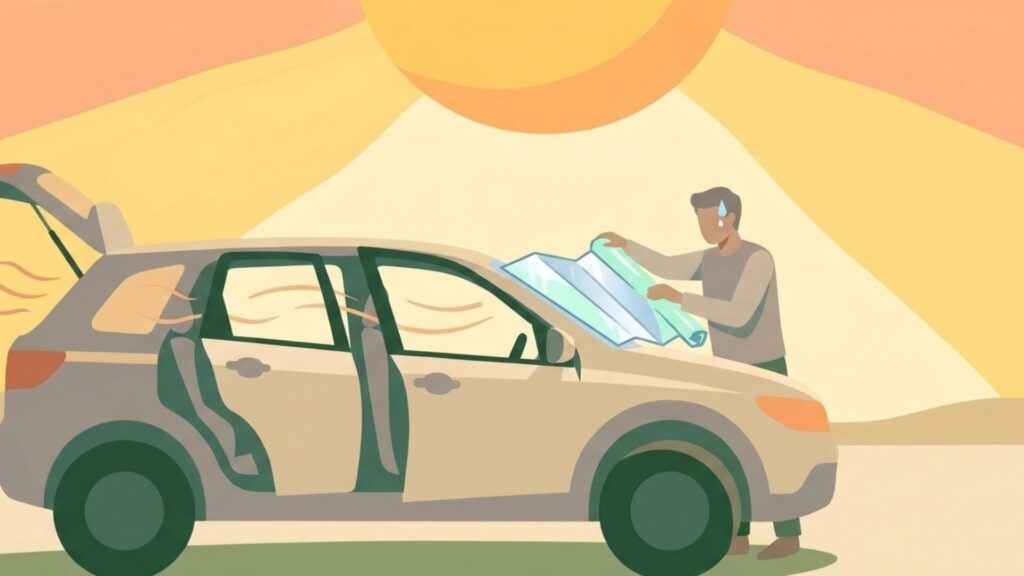 強い日差しの下で車のドアを開け、サンシェードを扱う汗をかいた人物