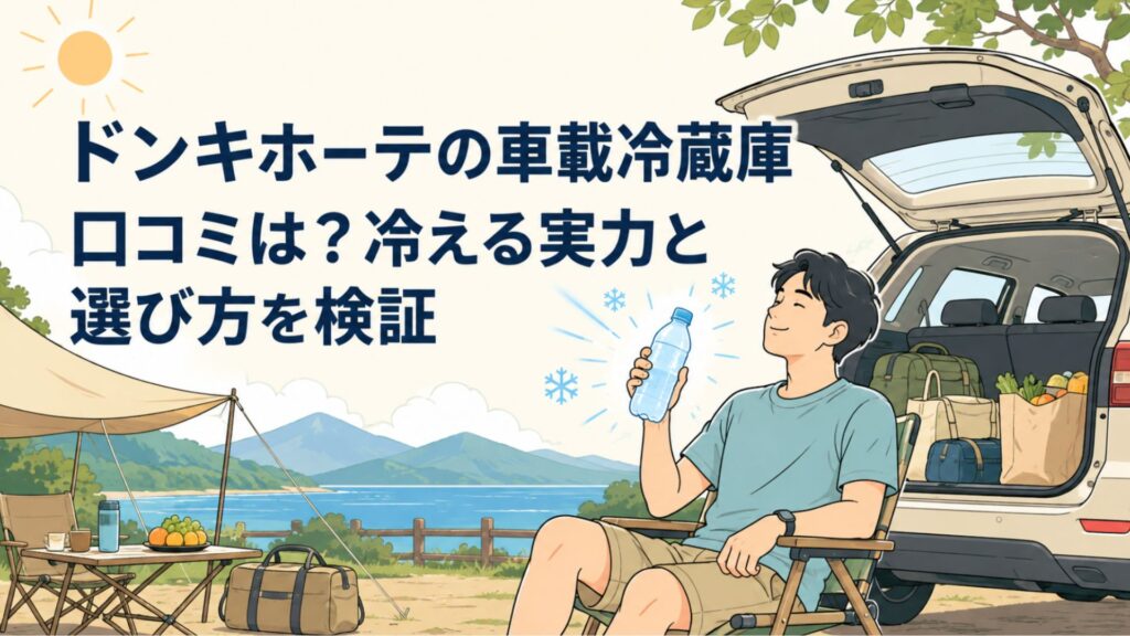 車のそばで冷えた飲み物を手にくつろぐ人物とキャンプ用品を描いた車載冷蔵庫の口コミと選び方をイメージする場面