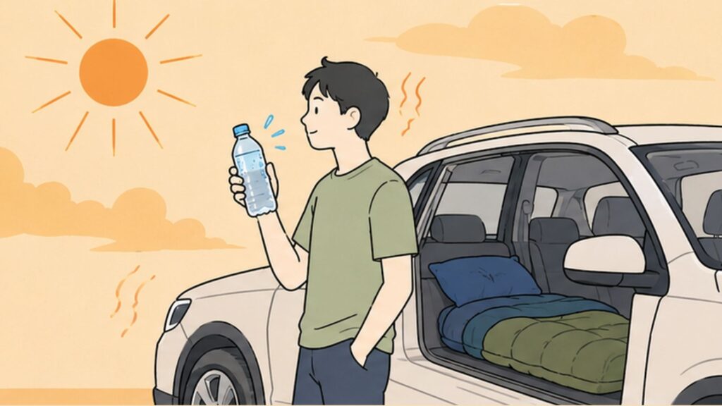 暑い屋外で車のそばに立ち 冷えたペットボトル飲料を確認する人物