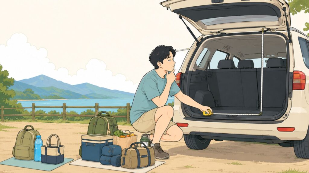 車の荷室の幅と高さを測り 周囲のキャンプ用品や荷物との収まりを確認する人物