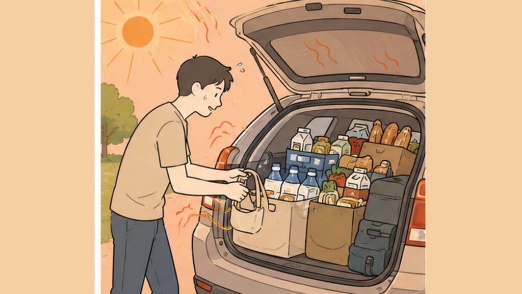 強い日差しの中で大量の飲み物や食品を車の荷室へ積み込む暑い環境の場面