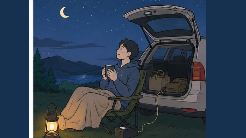 夜の車中泊で停車した車のそばに座り 別電源を用意して過ごす人物