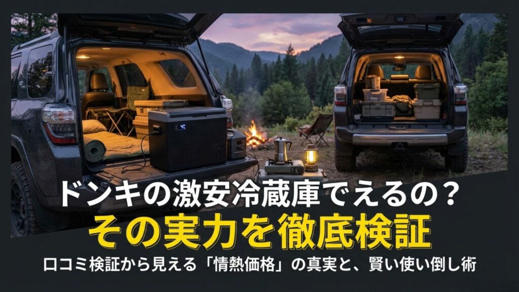ドン・キホーテの激安車載冷蔵庫の実力を検証する記事のタイトル画像。青い背景にデジタル表示パネルが光っている。