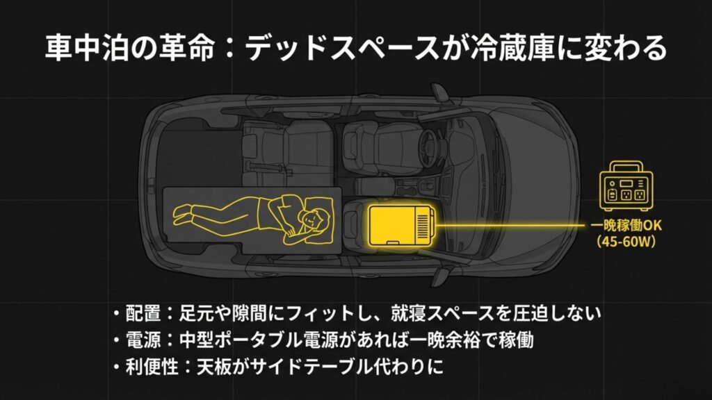 車中泊レイアウトの俯瞰図。デッドスペースに冷蔵庫が収まり、ポータブル電源で一晩稼働できる様子を描いている。
