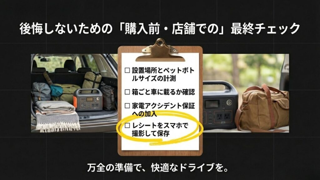 購入前の最終チェックリスト。設置場所の計測、箱ごと車に載るかの確認、レシート撮影などの重要項目をアイコン化。