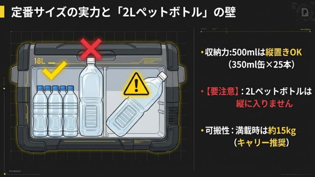 18L車載冷蔵庫の収納イメージ図。500mlペットボトルは縦置き可能だが、2Lペットボトルは縦に入らないためバツ印がついている。