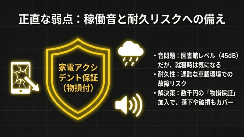 稼働音と耐久リスクへの備えを示すイメージ図。スマートフォンの画面割れアイコンと共に、物損保証への加入を推奨している。