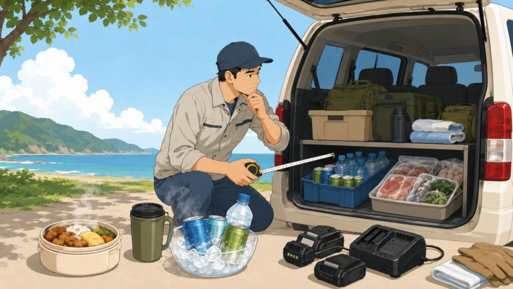 車の荷室寸法を測りながら 飲み物や食材 バッテリー類の積載を考える男性