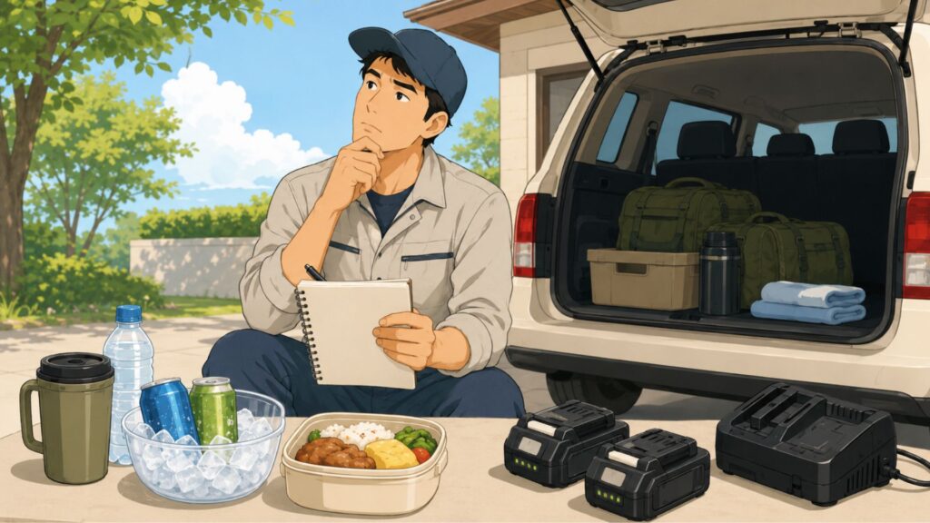 の荷室前でノートを手に 飲み物 食事 バッテリー類を見ながら用途を整理する男性