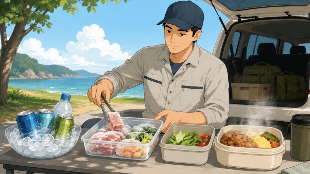 氷で冷やした飲み物と冷凍食材 温かい食事を分けて準備する男性