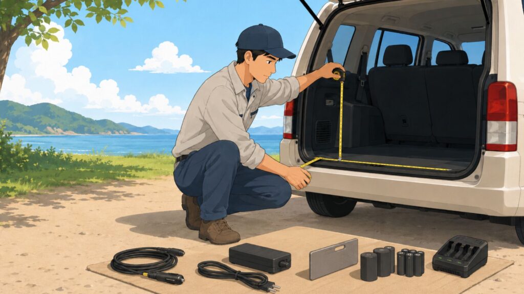 車の荷室寸法を測り 電源ケーブルやアダプター バッテリー類を確認する男性