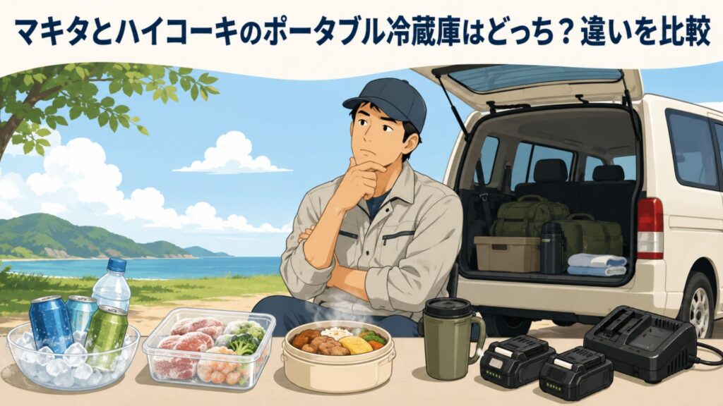 車の荷室前で冷えた飲み物や冷凍食材 温かい食事 バッテリー類を前に選び方を考える男性
