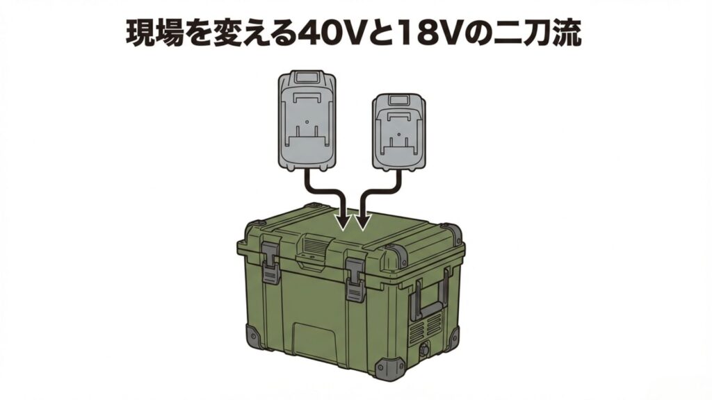 マキタ冷蔵庫に2本のバッテリーを装着するイメージ