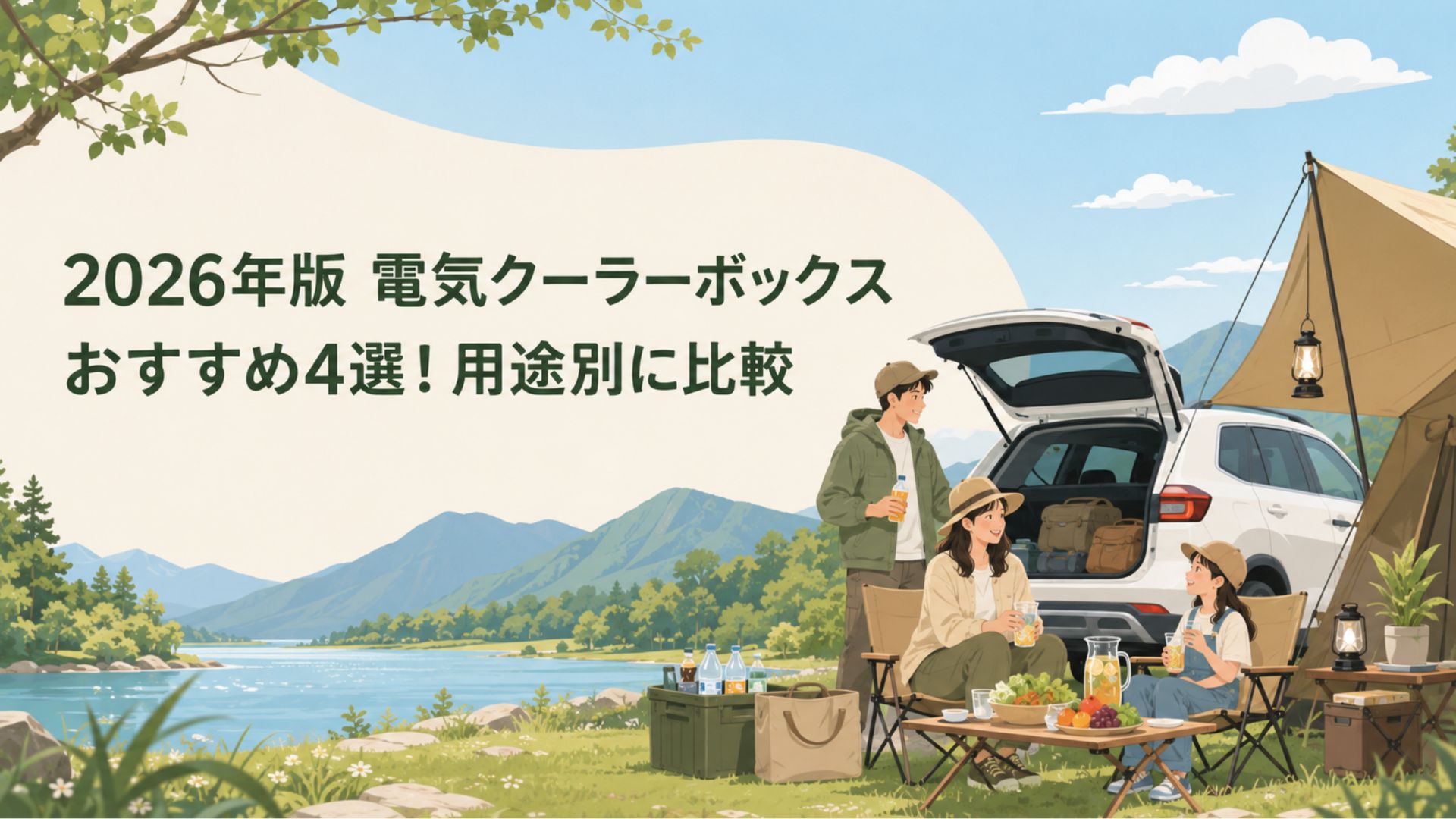 湖畔のキャンプ場で車のそばに座り 冷たい飲み物や食事を楽しむ家族