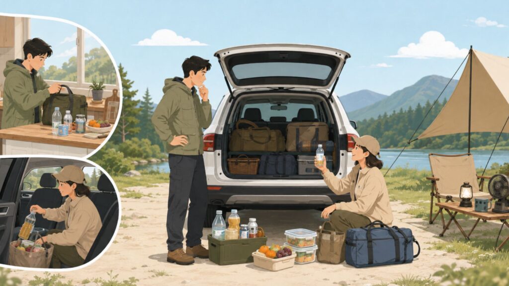 車の荷室を確認しながら 飲み物や食材 荷物を準備する男女