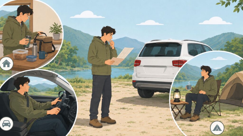 自宅での準備 走行中の車内 停車後のキャンプで電源利用を確認する男性