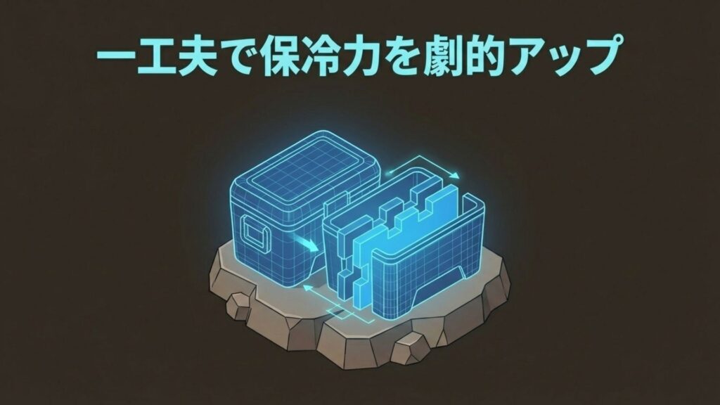 クーラーボックスの構造を分解し、内部に断熱材などの層を追加している図解イラスト