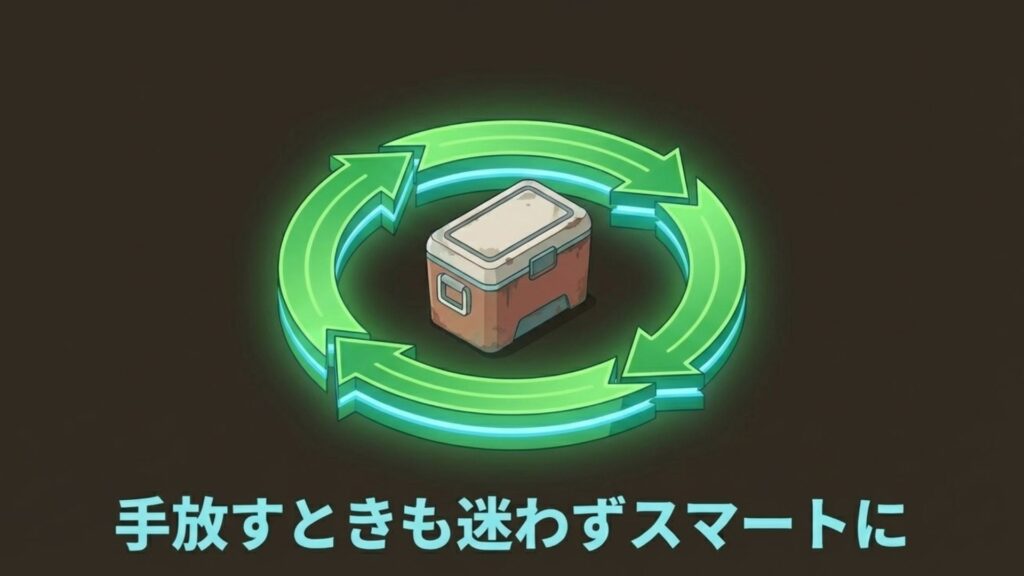 古くなったクーラーボックスの周りを緑色のリサイクル矢印が囲んでいるイラスト