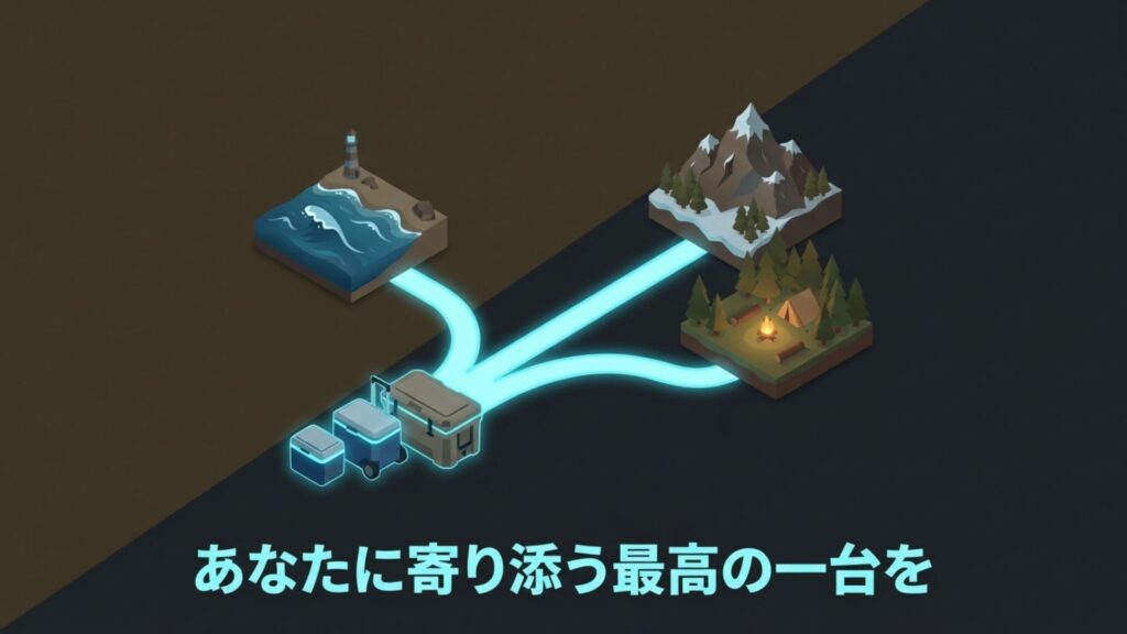 暗闇の中でスポットライトを浴びて輝く、特別な一台のクーラーボックスのイラスト