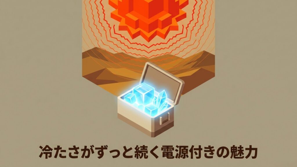 砂漠のような暑い環境でも中身の氷をキープするクーラーボックスのイラスト