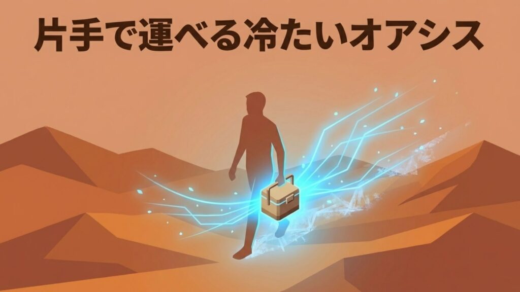 女性が片手で軽々と持ち運べる小型のクーラーボックスのイラスト