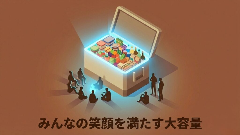 食材がぎっしり詰まった大型クーラーボックスの周りに集まり談笑する人々のイラスト